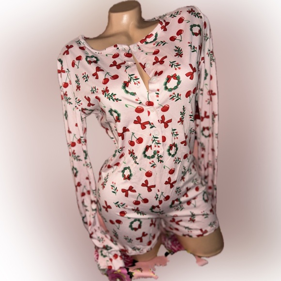 pink Christmas Eve candycane cherry romper bow pinup sexy pajamas pj sleep wear - Picture 3 of 9